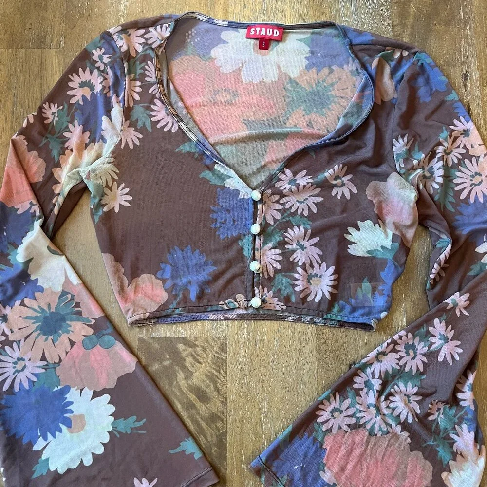 STAUD nylon floral cropped top with bell sleeve and pearl button detail - size s - Picture 1 of 7